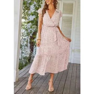 PRETTYGARDEN Women's Summer Floral Boho Dress Wrap V Neck Short Sleeve Ruffle A-Line Flowy Maxi Wedding Guest Dresses (Pink,Small)