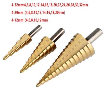 3 Pcs HSS Step Drill Bit, High Speed Steel Titanium Coated Large Hole Step Bits for Metal Wood Plast...