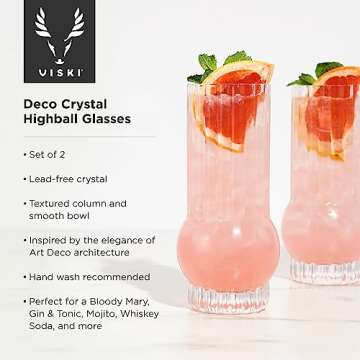Viski Zenith Deco Crystal Tumbler Set of 2 - Premium Crystal Clear Drinking Glass, Stylish Highball ...