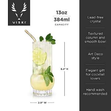 Viski Zenith Deco Crystal Tumbler Set of 2 - Premium Crystal Clear Drinking Glass, Stylish Highball Cocktail Glassware Gift Set, 13 oz
