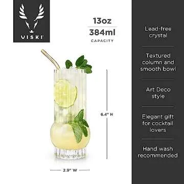 Viski Zenith Deco Crystal Tumbler Set of 2 - Premium Crystal Clear Drinking Glass, Stylish Highball Cocktail Glassware Gift Set, 13 oz