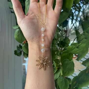 Sun Hanging Car Charm,Green and Gold Rear View Mirror Accessories Cute Boho Dangling Sun Car Decor H...