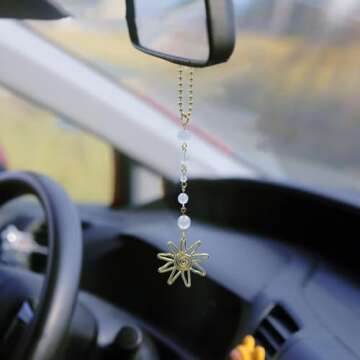 Sun Hanging Car Charm,Green and Gold Rear View Mirror Accessories Cute Boho Dangling Sun Car Decor Handmade Healing Crystals Stones Ornament Gifts for Women Men (Clear)