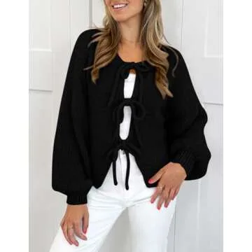 PRETTYGARDEN Women's Tie Front Bow Cardigan Sweaters Chunky Knit Long Puff Sleeve Trendy Fall Winter Jacket Coats (Black,Large)