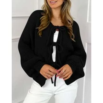 PRETTYGARDEN Women's Tie Front Bow Cardigan Sweaters Chunky Knit Long Puff Sleeve Trendy Fall Winter Jacket Coats (Black,Large)