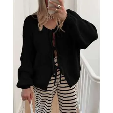 PRETTYGARDEN Women's Tie Front Bow Cardigan Sweaters Chunky Knit Long Puff Sleeve Trendy Fall Winter Jacket Coats (Black,Large)