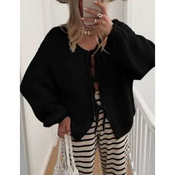 PRETTYGARDEN Women's Tie Front Bow Cardigan Sweaters Chunky Knit Long Puff Sleeve Trendy Fall Winter Jacket Coats (Black,Large)