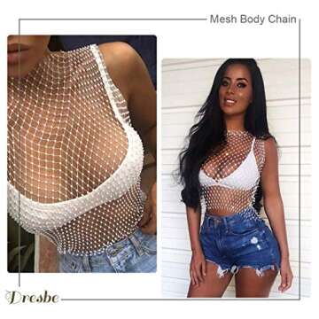 DRESBE Rhinestone Mesh Body Chains Hollow Tank Tops Bikini Crop Top Party Body Jewelry Accessories for Women (White-O Neck-S)