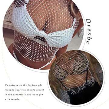 DRESBE Rhinestone Mesh Body Chains Hollow Tank Tops Bikini Crop Top Party Body Jewelry Accessories for Women (White-O Neck-S)