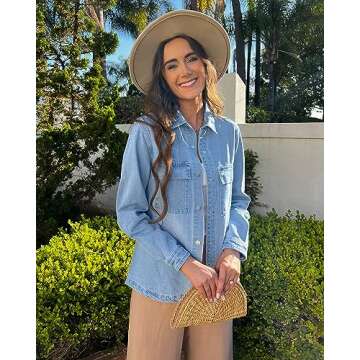 luvamia Denim Shacket Women Oversized Jean Jacket For Women Light Blue Button Down Shirt Women Jean Jackets For Women Fashion Womens Fall Jackets Denim Button Down Shirt Women Size Small Size 4 6
