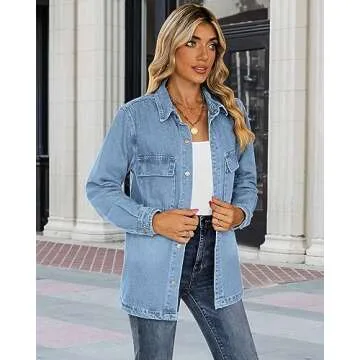 luvamia Denim Shacket Women Oversized Jean Jacket For Women Light Blue Button Down Shirt Women Jean Jackets For Women Fashion Womens Fall Jackets Denim Button Down Shirt Women Size Small Size 4 6