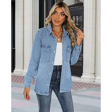 luvamia Denim Shacket Women Oversized Jean Jacket For Women Light Blue Button Down Shirt Women Jean Jackets For Women Fashion Womens Fall Jackets Denim Button Down Shirt Women Size Small Size 4 6