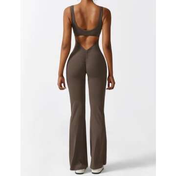 YEOREO Women Sleeveless Flare Jumpsuits Sexy Backless Gym Bodycon Scrunch Butt Yoga Rompers V Back Lizvette Coffee Small