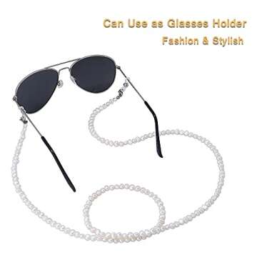 Lanyard for ID Badges Holder, Beaded Cute Lanyard for Keys Neck Lanyards for Glasses Freshwater Pearl Chain for Women (White)