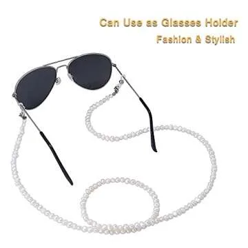 Lanyard for ID Badges Holder, Beaded Cute Lanyard for Keys Neck Lanyards for Glasses Freshwater Pearl Chain for Women (White)