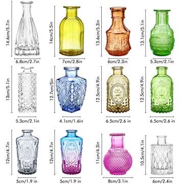 Glass Bud Vases Set of 12,Small Vases for Flowers,Colored Bud Vases Bulk,Mini Decor Rustic Vases for Centerpieces,Vintage Glass Bottles for Wedding, Home,Table Gift Set