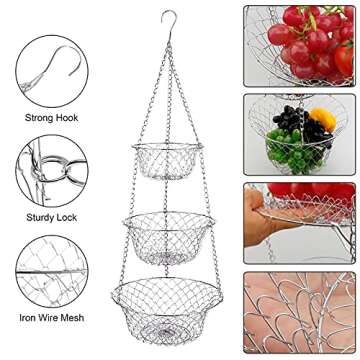 iPstyle 3 Tier Fruit Basket Hanging Vegetable Kitchen Storage Basket, Folding Metal Chain Hanging Sp...