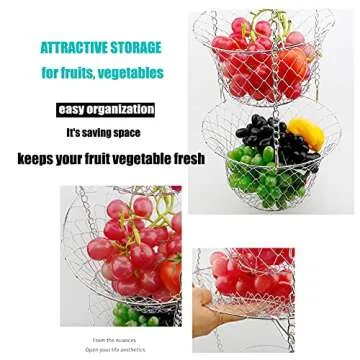 iPstyle 3 Tier Fruit Basket Hanging Vegetable Kitchen Storage Basket, Folding Metal Chain Hanging Space Saving Rustic Country Style Chicken Wire Fruits, Produce, Plants Storage Basket (Silver)