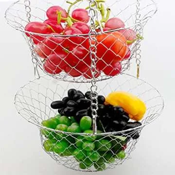 iPstyle 3 Tier Fruit Basket Hanging Vegetable Kitchen Storage Basket, Folding Metal Chain Hanging Space Saving Rustic Country Style Chicken Wire Fruits, Produce, Plants Storage Basket (Silver)