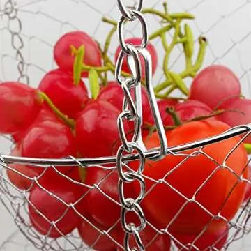 iPstyle 3 Tier Fruit Basket Hanging Vegetable Kitchen Storage Basket, Folding Metal Chain Hanging Space Saving Rustic Country Style Chicken Wire Fruits, Produce, Plants Storage Basket (Silver)