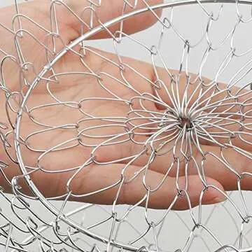 iPstyle 3 Tier Fruit Basket Hanging Vegetable Kitchen Storage Basket, Folding Metal Chain Hanging Space Saving Rustic Country Style Chicken Wire Fruits, Produce, Plants Storage Basket (Silver)