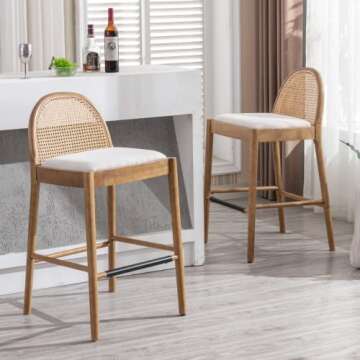 LukeAlon Modern Linen Bar Stools Set of 4, 29" Seat Height Tall Bar Chairs with Wooden Legs Natural ...