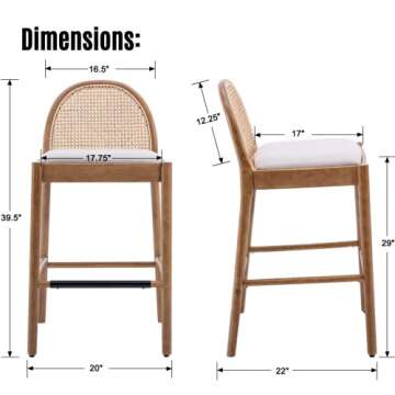 LukeAlon Modern Linen Bar Stools Set of 4, 29" Seat Height Tall Bar Chairs with Wooden Legs Natural Rattan Cane Back Bar Height Counter Stools with Footrest for Home Pub Kitchen, Beige