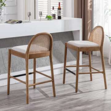LukeAlon Modern Linen Bar Stools Set of 4, 29" Seat Height Tall Bar Chairs with Wooden Legs Natural Rattan Cane Back Bar Height Counter Stools with Footrest for Home Pub Kitchen, Beige