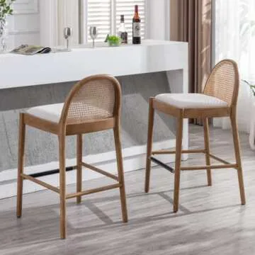 LukeAlon Modern Linen Bar Stools Set of 4, 29" Seat Height Tall Bar Chairs with Wooden Legs Natural Rattan Cane Back Bar Height Counter Stools with Footrest for Home Pub Kitchen, Beige