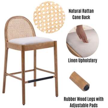 LukeAlon Modern Linen Bar Stools Set of 4, 29" Seat Height Tall Bar Chairs with Wooden Legs Natural Rattan Cane Back Bar Height Counter Stools with Footrest for Home Pub Kitchen, Beige
