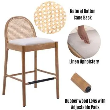 LukeAlon Modern Linen Bar Stools Set of 4, 29" Seat Height Tall Bar Chairs with Wooden Legs Natural Rattan Cane Back Bar Height Counter Stools with Footrest for Home Pub Kitchen, Beige