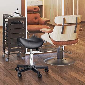 HOMCOM Rolling Saddle Stool, Swivel Salon Chair, Ergonomic Faux Leather Stool, Adjustable Height wit...
