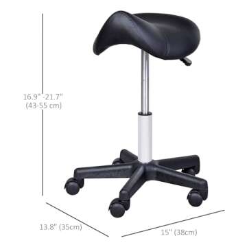 HOMCOM Rolling Saddle Stool, Swivel Salon Chair, Ergonomic Faux Leather Stool, Adjustable Height with Wheels for Spa, Salon, Massage, Office, Black