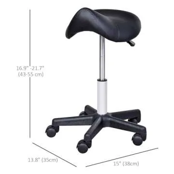 HOMCOM Rolling Saddle Stool, Swivel Salon Chair, Ergonomic Faux Leather Stool, Adjustable Height with Wheels for Spa, Salon, Massage, Office, Black