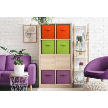 Sorbus Storage Cubes - 11" Foldable Storage Bins with Handle for Nursery, Playroom, Closet Organizers and Storage - 6 Fabric Shelf Basket for Toys, Books, Clothes - Purple Green & Orange Storage Bin