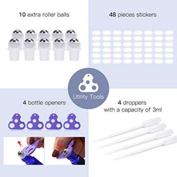ULG Essential Oil Roller Bottles 48 Pack 10ml Cobalt Blue Glass Empty Bottles with Stainless Steel Roller Balls (10 Extra Roller Balls, 4 Openers, 4 Droppers, 48 Waterproof Labels)
