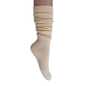AWS American Made Slouch Scrunch Socks for Women - Knee High Cotton, Ecru, 2 Pairs