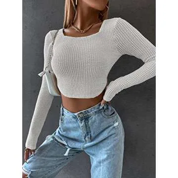 Meladyan Women Long Sleeve Knitted Solid Crop Top Square Neck Fitted Asymmetrical Hem Cropped Tee Shirts White