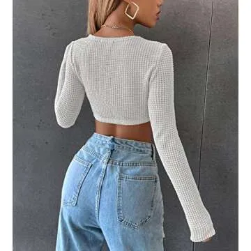 Meladyan Women Long Sleeve Knitted Solid Crop Top Square Neck Fitted Asymmetrical Hem Cropped Tee Shirts White