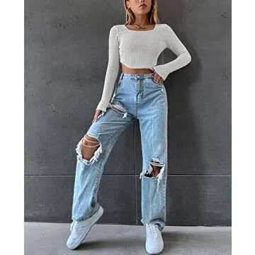 Meladyan Women Long Sleeve Knitted Solid Crop Top Square Neck Fitted Asymmetrical Hem Cropped Tee Shirts White