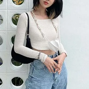 Meladyan Women Long Sleeve Knitted Solid Crop Top Square Neck Fitted Asymmetrical Hem Cropped Tee Shirts White