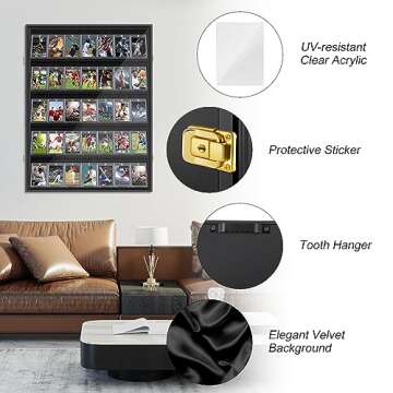 Mlikero Baseball Card Display Case, 35 Graded Card Display Frame Lockable, Trading Card Display with UV Protection Sports Card Display Case for Baseball Cards, Football Cards, Sports Cards