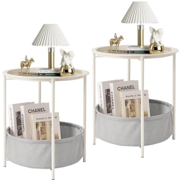 VECELO Round Side/End Table with Storage Basket - Lightweight and Stylish