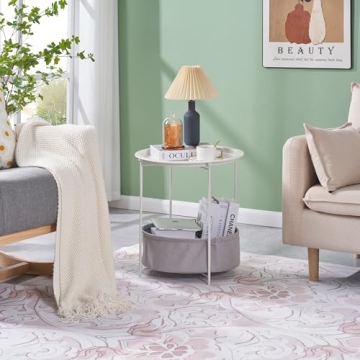 VECELO Round Side Table with Storage Basket