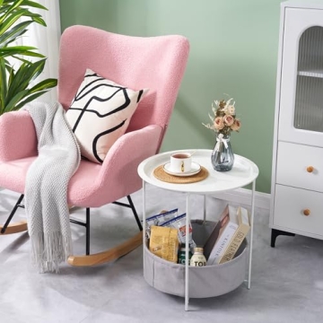 VECELO Round Side Table with Storage Basket