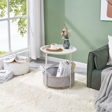 VECELO Round Side Table with Storage Basket