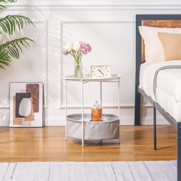 VECELO Round Side Table with Storage Basket