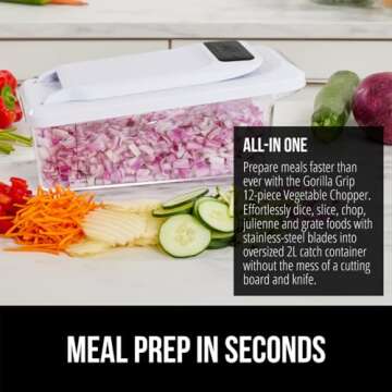 GORILLA GRIP Heavy Duty 12-in-1 Vegetable Chopper, 6 Blades, Food Choppers with Container, Cucumber Mandoline Slicer, Dice Onions, Slice Veggies, Chop Salad, Home Essential Kitchen Gadgets Tool, Black