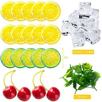 64 Pieces Fake Ice Cubes Artificial Fruit Lemon Limes Slices Faux Small Mint Leave, Fake Fruit Cherr...