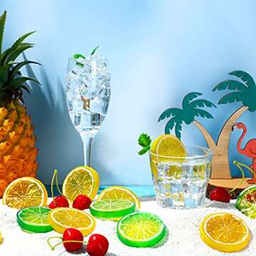 64 Pieces Fake Ice Cubes Artificial Fruit Lemon Limes Slices Faux Small Mint Leave, Fake Fruit Cherries, Simulation Fruit Model Artificial Lifelike Decoration for Photography Prop Home Decors